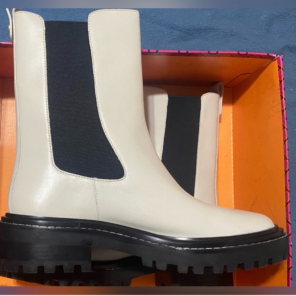 Tory Burch Benton Slip on  Moto Cream and Black Ankle Boots